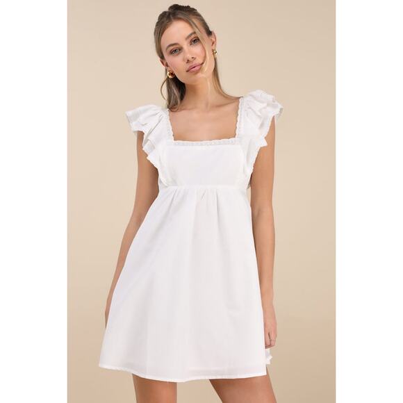 Lulus NWOT Marvelous Time White Ruffled Open Back Empire A-Line Mini Dress Small - Picture 1 of 11